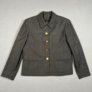 Vintage Burberry‎ Wool Blazer Jacket Womens 4P Petite Gray Collared Gold Buttons